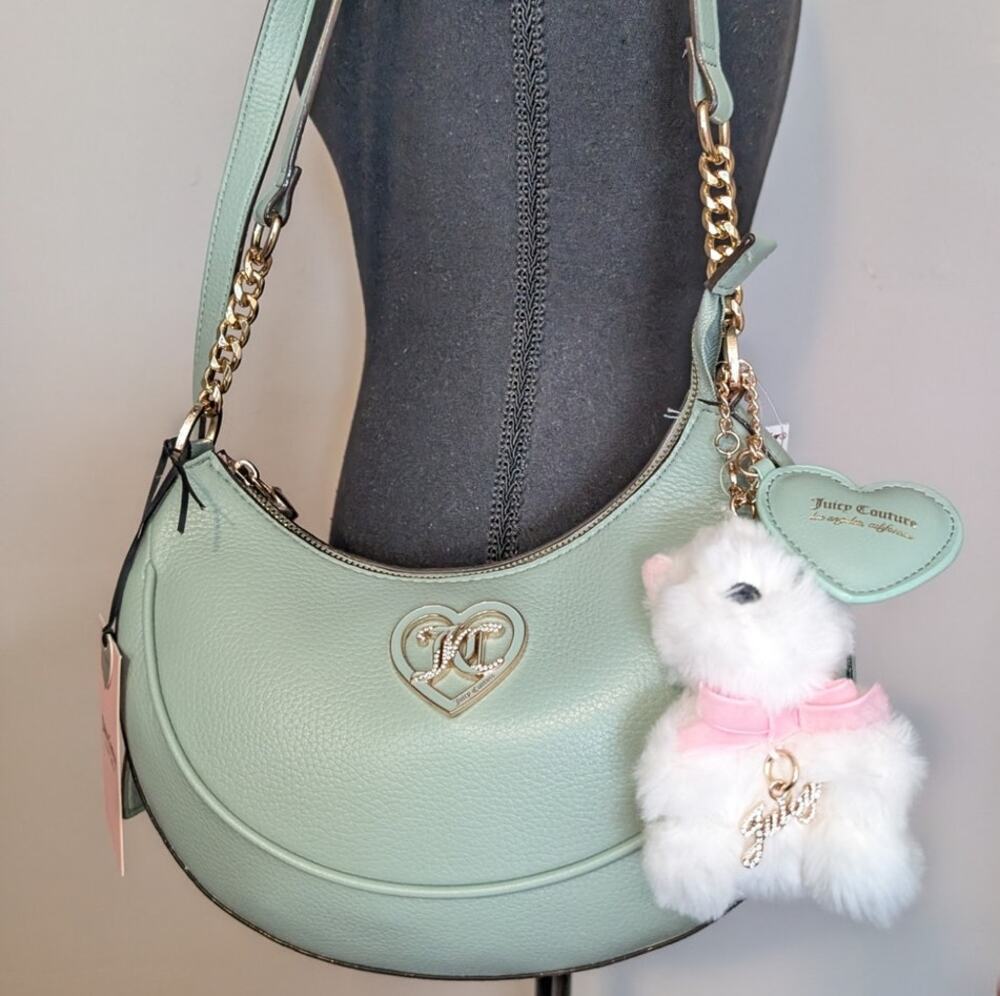 Juicy Couture Hobo Pebbled Charm Bag Dog Heart Keychain NEW Mint Green Crossbody